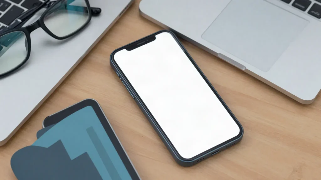 机の上に置かれたスマートフォンと閉じたノートパソコン